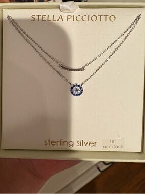 Stella Picciotto Sterling Silver Double Layer Necklace with Blue Crystal Disc
